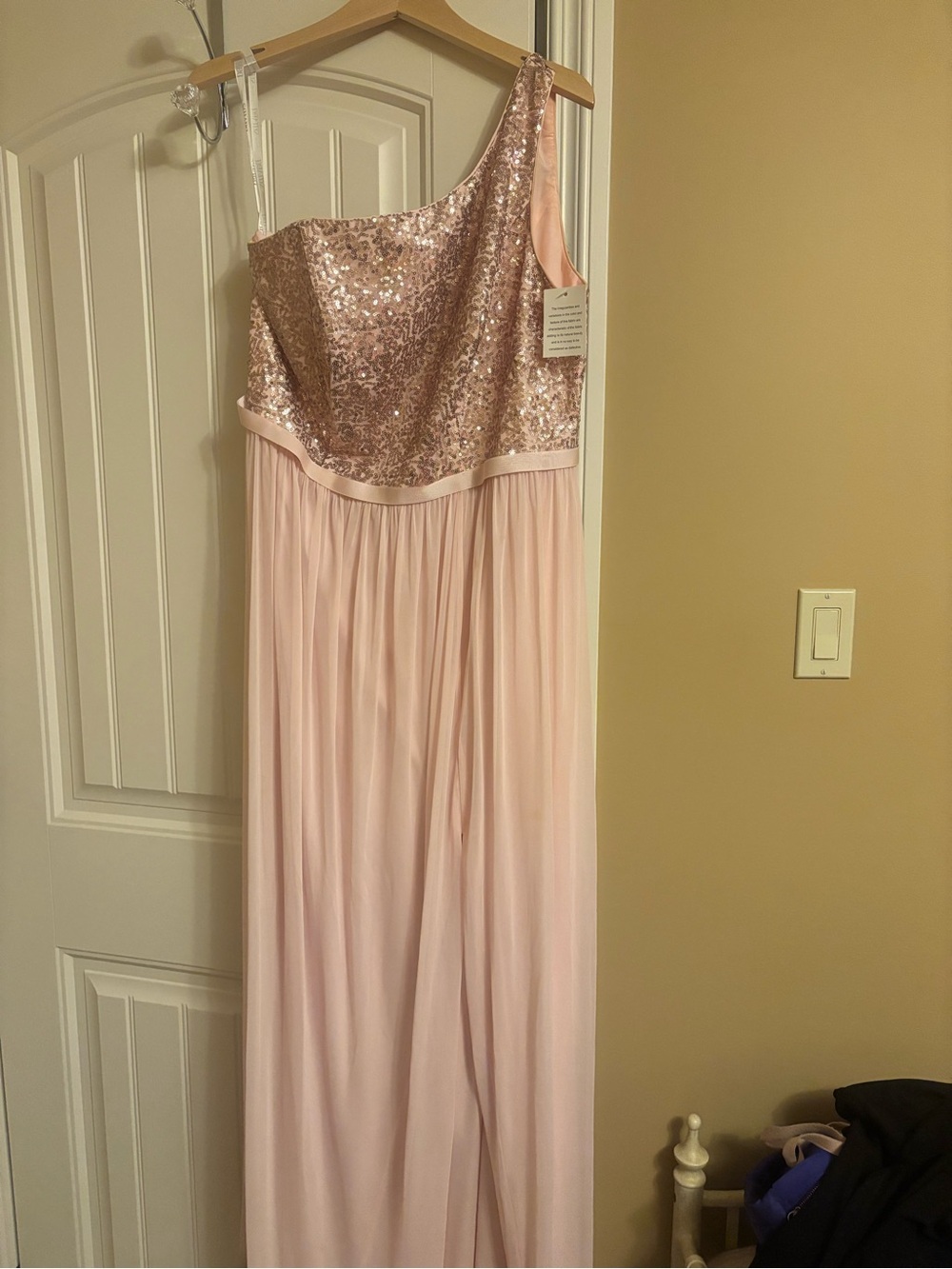 David's Bridal One-Shoulder Sequin Bodice Blush Pink Gown